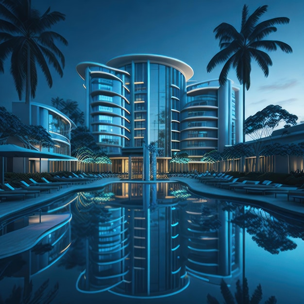 A building with a pool and palm trees at night