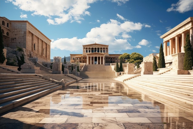 a building with a pool of water