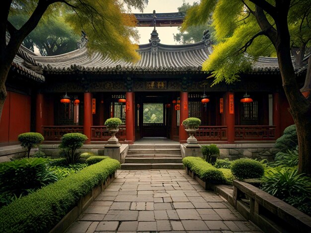 a building with a red door and a tree in the middle