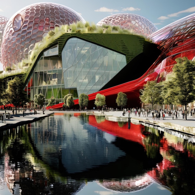 a building with a red and green roof is reflected in the water