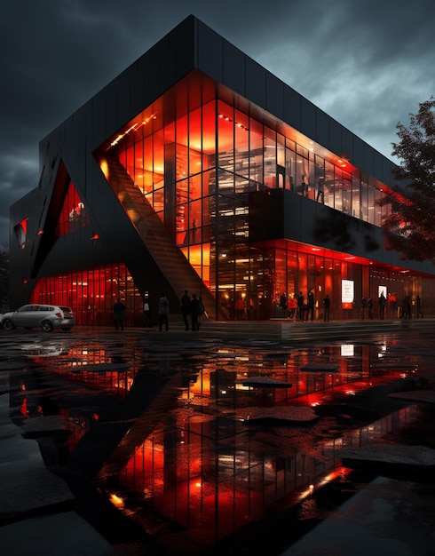 Photo a building with a red light on it and people walking in front of it