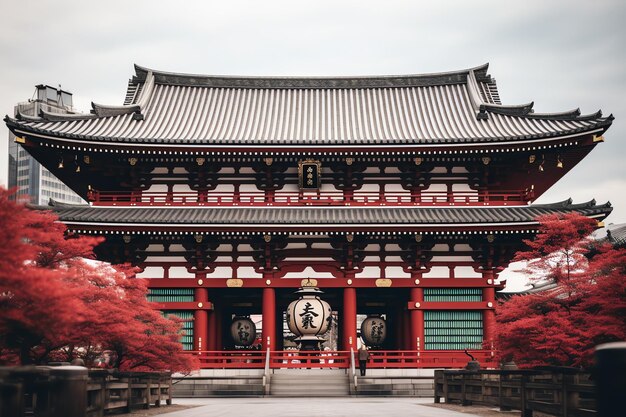 Photo a building with red pillars and a red and white building