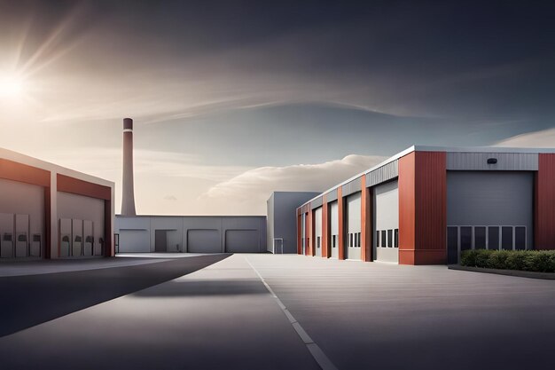 a building with a red roof and a building with a smoke stack on the top.