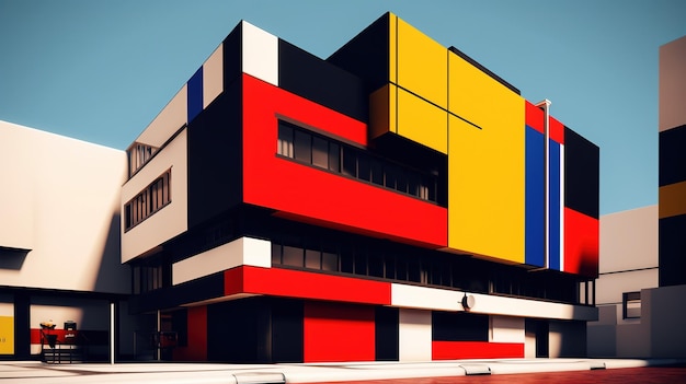 A building with a red and yellow box on the front.