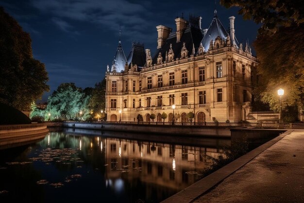 a building with a reflection of a building in the water