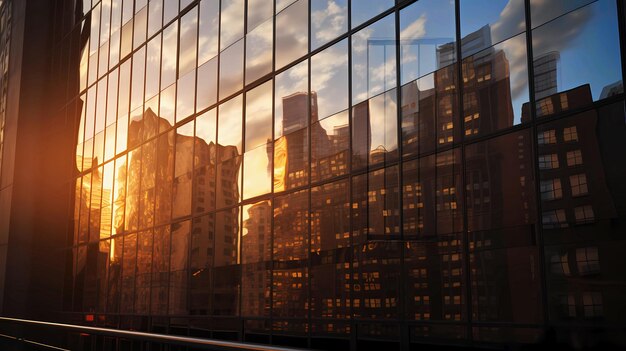 A building with a reflection of the city skyline