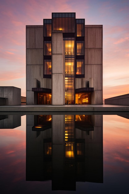 Building with reflection of it in the water at sunset Generative AI