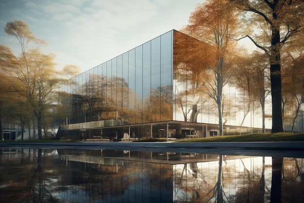 a building with a reflection of trees in the water