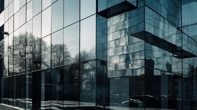 A building with a reflection of trees in the windows