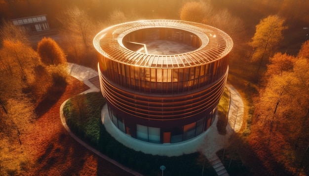 A building with a round roof and a round roof with a sun setting in the background.