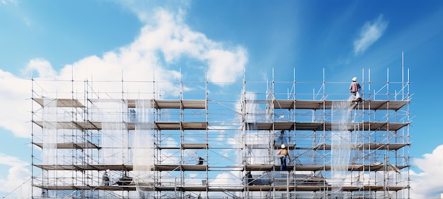 Building with Scaffolds on the Blue Sky Background