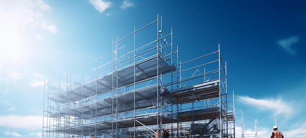 Building with Scaffolds on the Blue Sky Background