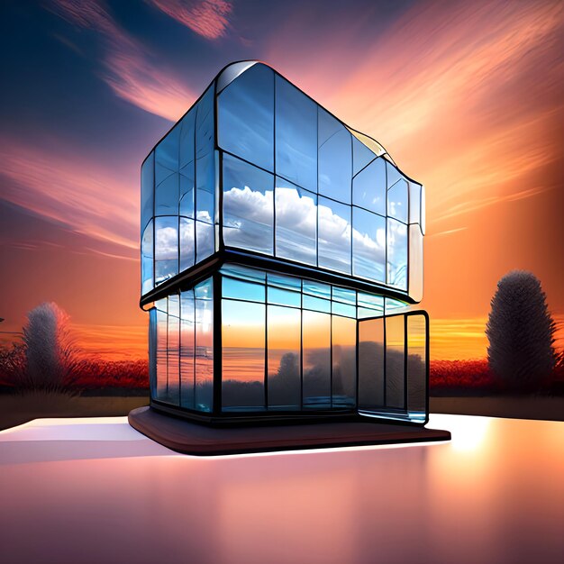 A building with a sky background and the sun is setting.