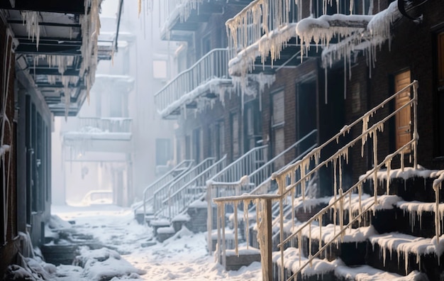 Photo a building with snow on the stairs and a building with a staircase that has snow on it