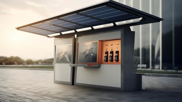 a building with a solar panel on the top and a picture of a phone booth on the right