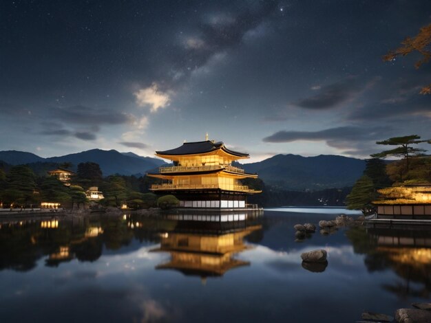 Photo a building with a star on the top and a starry sky above it