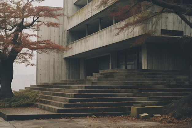 a building with steps and a tree in front of it