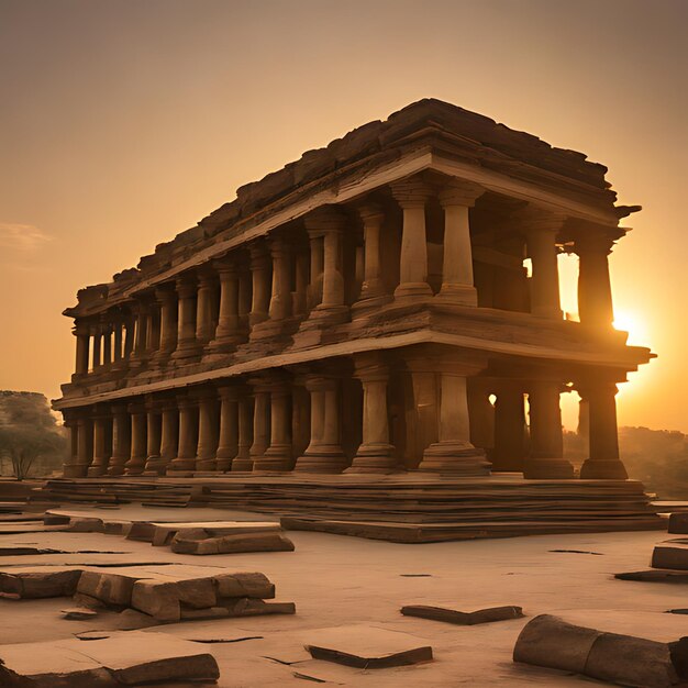 a building with a sunset behind it and the sun behind it