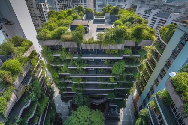 Здание с вертикальным садом в современном городе Биофильный дизайн Генерирующая иллюстрация ИИ