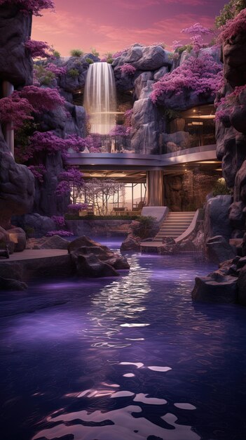 a building with a waterfall and a waterfall in the background