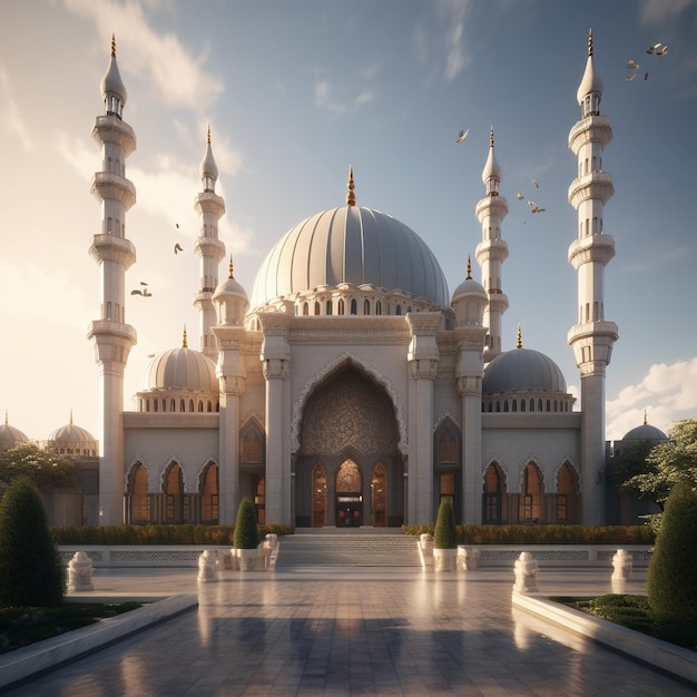 a building with a white dome and a few birds flying around it.