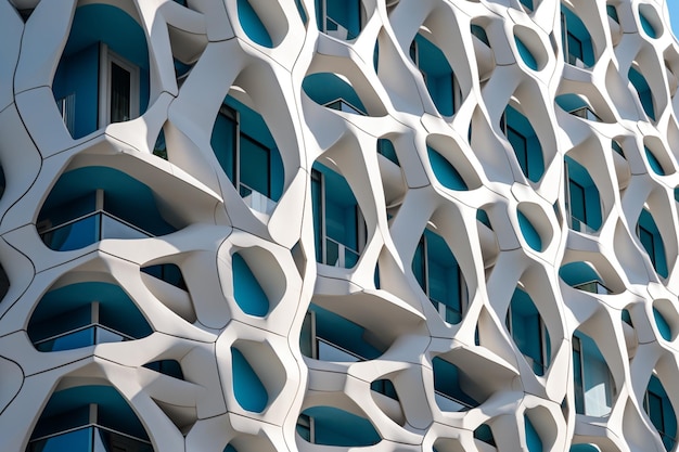 A building with a white facade and a blue sky.