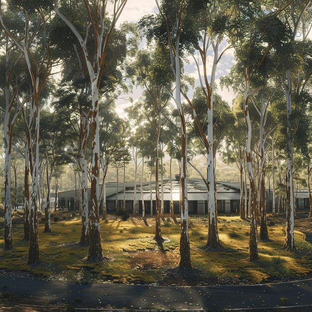 Photo a building with a white roof and trees in the background