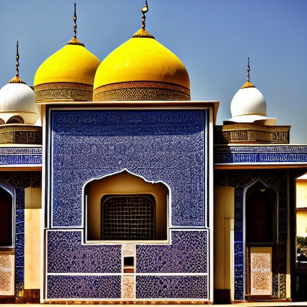 A building with a yellow dome and a blue dome with a yellow dome.