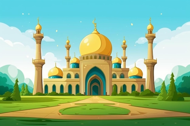 a building with a yellow dome and a green grass.