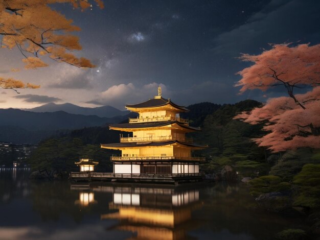 a building with a yellow roof is reflected in a pond