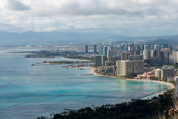 Buildings along beachfront viewed from diamond head, waikiki,\
kapahulu, honolulu, oahu, hawaii, usa