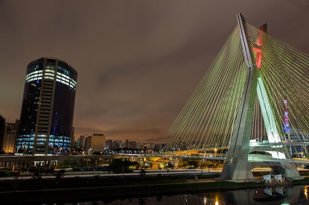 Buildings and cable stayed bridge in Sao Paulo - Brazil - at night