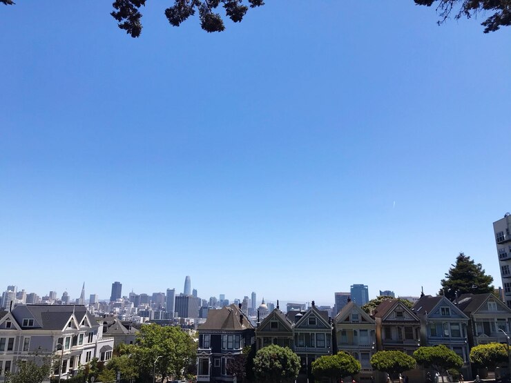 Photo 은 파란 하늘을 배경으로 도시의 건물