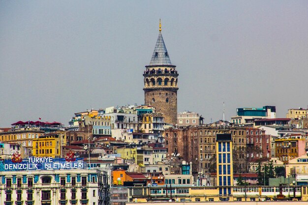 Buildings in city against clear sky