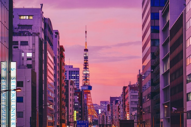 Photo buildings in city at sunset