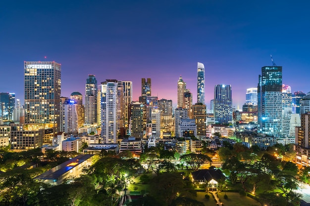 Buildings cityscape near witthayu road at night in bangkok city thailand