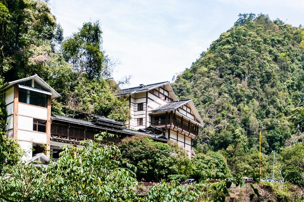 江地村の緑の丘の建物