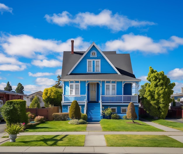 built luxury house with a nicely trimmed front yard lawn and driveway to garage in a residential