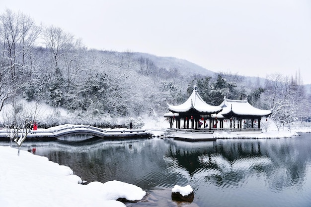 Built structure by frozen lake against sky
