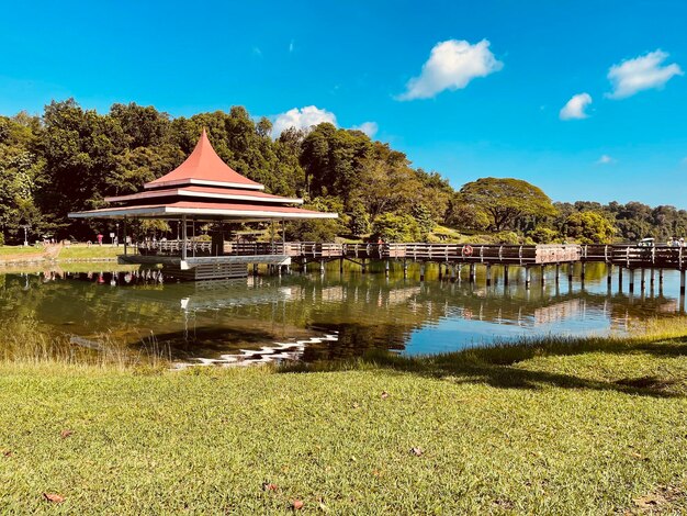 Built structure by lake against sky