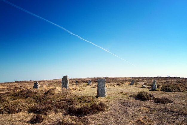 built structure on field against clear blue sky