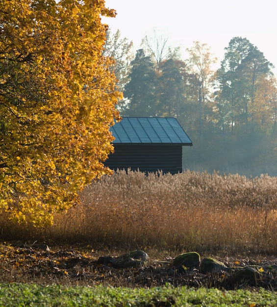 Built structure on field against sky during autumn