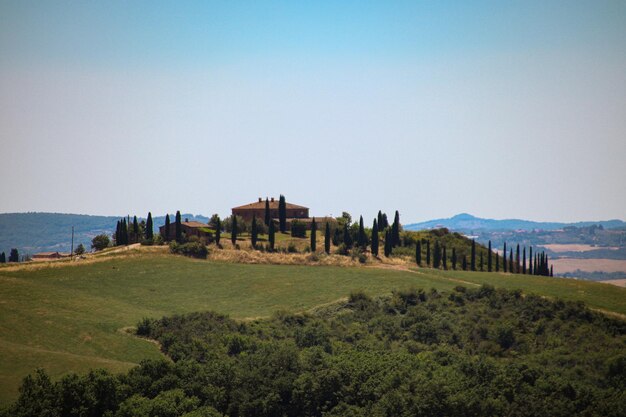 Built structure on landscape against clear sky