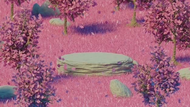 Buis hout object achtergrond roze gras en roze bladeren 3d render zomer achtergrond