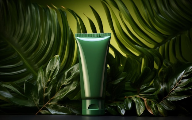 Buis van cosmetica met grote groene bladachtergrond Generatieve AI