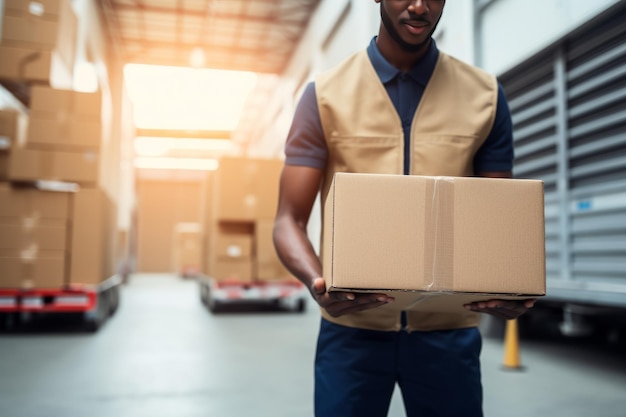 Buiten de logistieke winkel opslag werknemer laden van levering vrachtwagen met kartonnen dozen p2