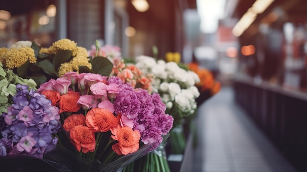 Buiten een winkel staat een bos bloemen uitgestald.