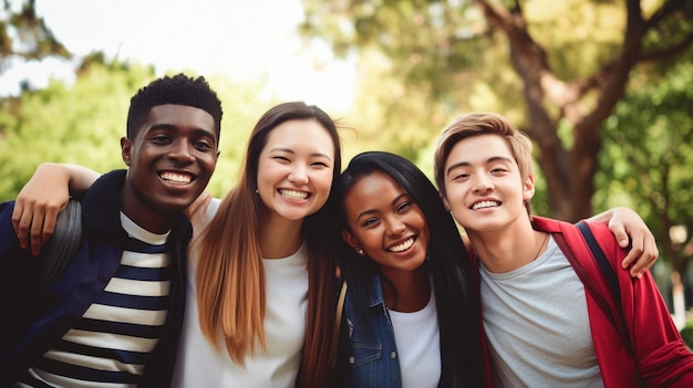 Buiten glimlacht een gelukkige multi-etnische groep studenten Generative AI