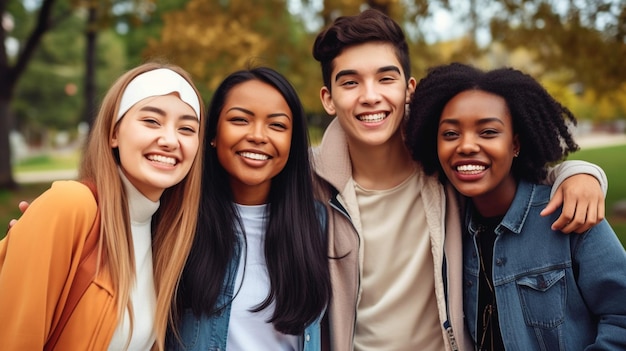Buiten glimlacht een gelukkige multi-etnische groep studenten Generative AI