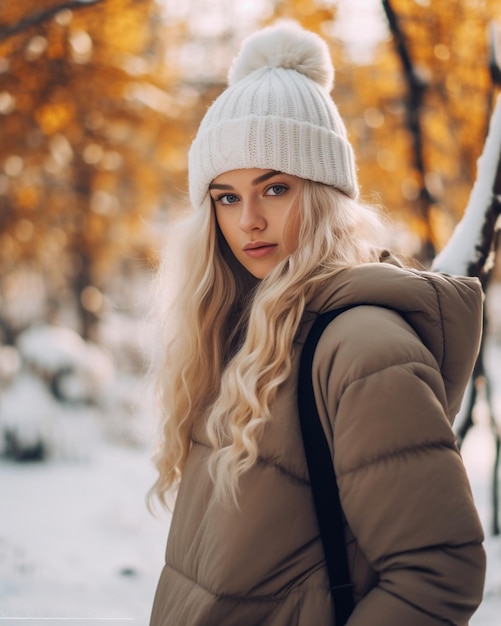 Buiten herfst winter portret van jong mooi blond meisje generatieve AI